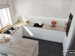 Mieszkanie Warszawa Wesoła - Mała otwarta biała z zabudowaną lodówką z nablatowym zlewozmywakiem kuchnia w kształcie litery g, styl nowoczesny - zdjęcie od Twój Kwadrat