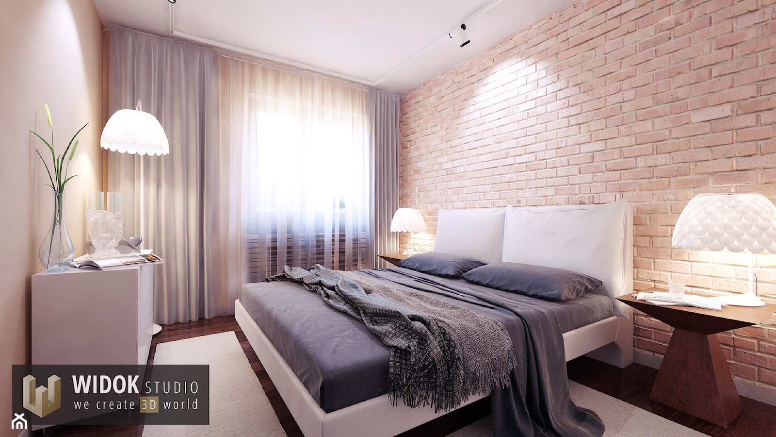 Sypialnia ze ścianą z cegły - zdjęcie od WidokStudio we create 3d world - Homebook