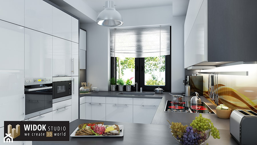 Biała kuchnia z szarym blatem - zdjęcie od WidokStudio we create 3d world