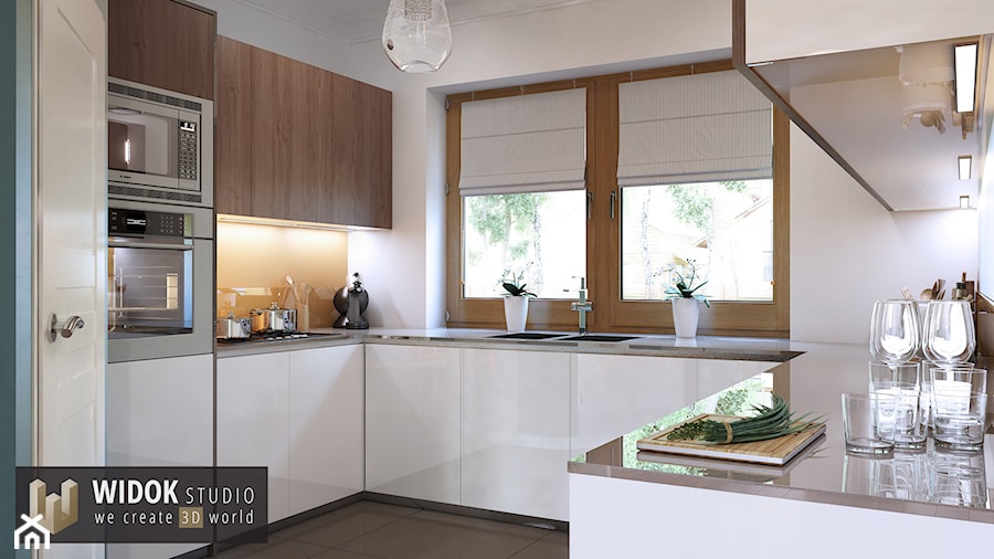 Kuchnia biała, z elementami drewna - zdjęcie od WidokStudio we create 3d world