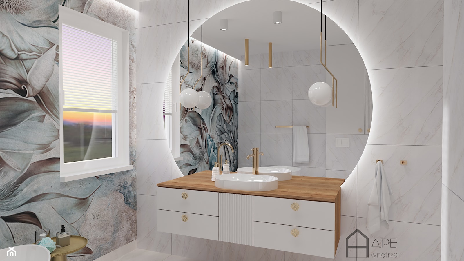 Łazienka z tapetą i okrągłym ściętym lustrem - zdjęcie od APE wnętrza - Homebook