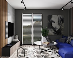 Salon z niebieską sofą i efektem rdzy na ścianie - zdjęcie od APE wnętrza - Homebook
