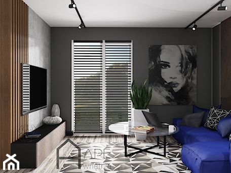 Aranżacje wnętrz - Salon: Salon z niebieską sofą i efektem rdzy na ścianie - APE wnętrza . Przeglądaj, dodawaj i zapisuj najlepsze zdjęcia, pomysły i inspiracje designerskie. W bazie mamy już prawie milion fotografii!
