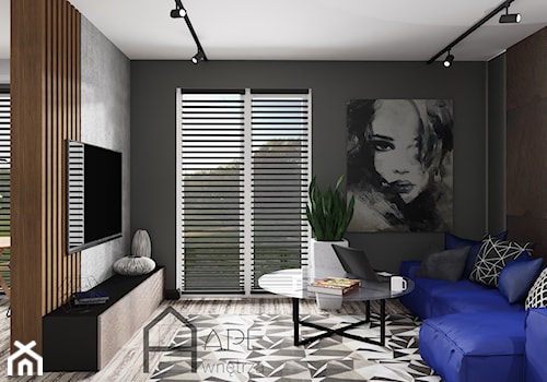 Salon z niebieską sofą i efektem rdzy na ścianie - zdjęcie od APE wnętrza