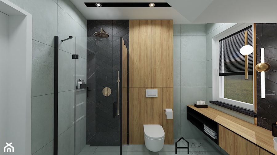 Łazienka z betonowymi płytkami, drewnianymi okładzinami i złotymi elementami - zdjęcie od APE wnętrza