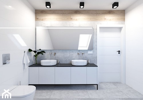Projekt domu - Średnia na poddaszu z lustrem z dwoma umywalkami z punktowym oświetleniem łazienka z oknem - zdjęcie od MalgorztaLen
