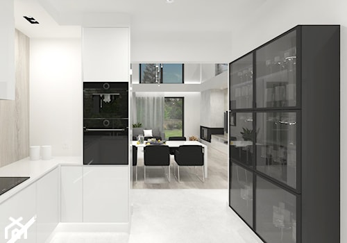 Projekt domu 2 - Średnia otwarta z kamiennym blatem biała z zabudowaną lodówką kuchnia w kształcie litery l z oknem z marmurową podłogą - zdjęcie od MalgorztaLen