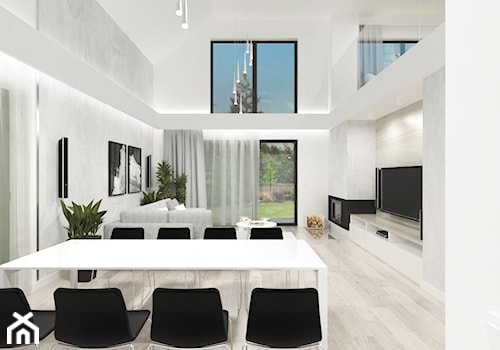 Projekt domu 2 - Duży biały szary salon z jadalnią z antresolą - zdjęcie od MalgorztaLen
