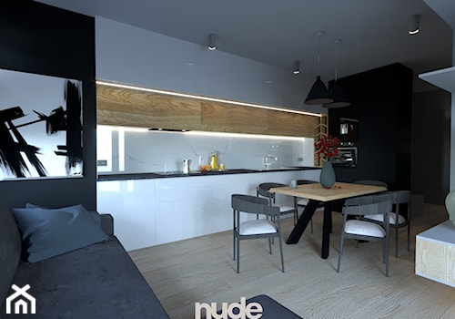 Projekt salonu z kuchnią - Średni biały czarny salon z kuchnią z jadalnią, styl nowoczesny - zdjęcie od Nude