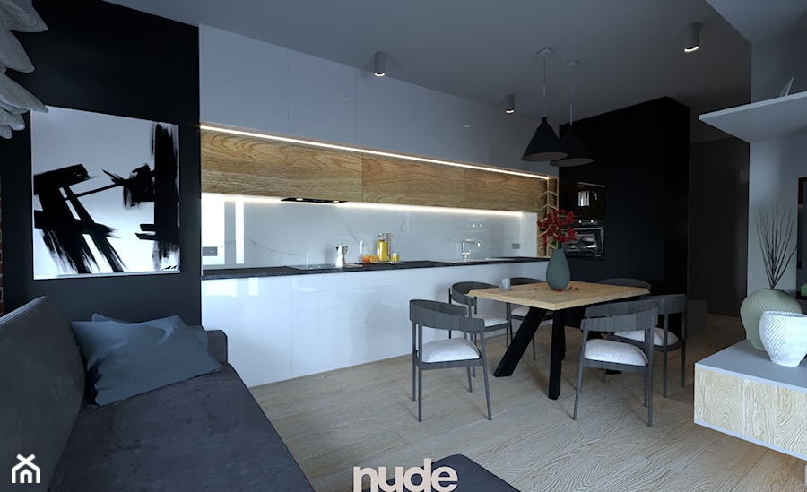 Projekt salonu z kuchnią - Średni biały czarny salon z kuchnią z jadalnią, styl nowoczesny - zdjęcie od Nude
