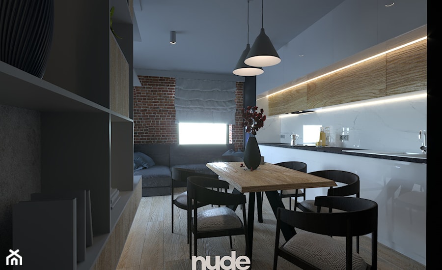 Projekt salonu z kuchnią - Mały biały szary salon z kuchnią z jadalnią, styl nowoczesny - zdjęcie od Nude