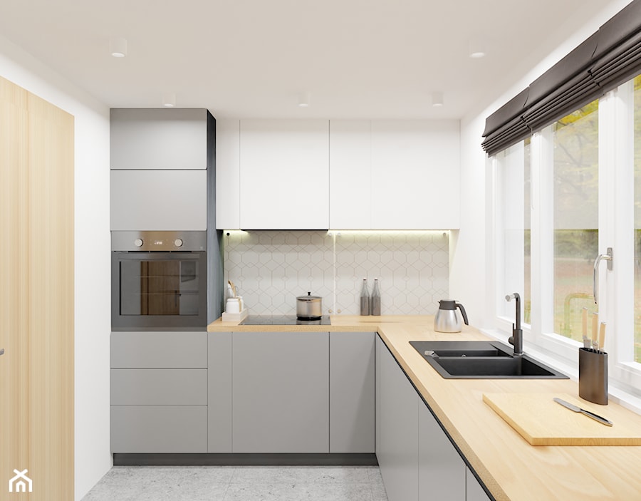 Dom jednorodzinny - Średnia zamknięta biała szara z zabudowaną lodówką z lodówką wolnostojącą z nablatowym zlewozmywakiem kuchnia w kształcie litery l z oknem, styl nowoczesny - zdjęcie od Pikobello