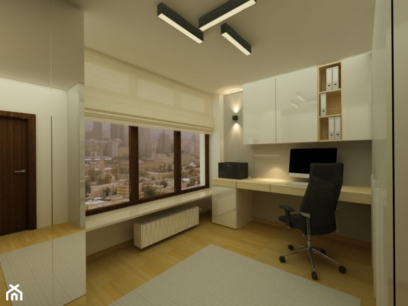 Mieszkanie na Mokotowie - Średnie z zabudowanym biurkiem szare biuro, styl nowoczesny - zdjęcie od Katarzyna Jaskulska Projektowanie Wnętrz