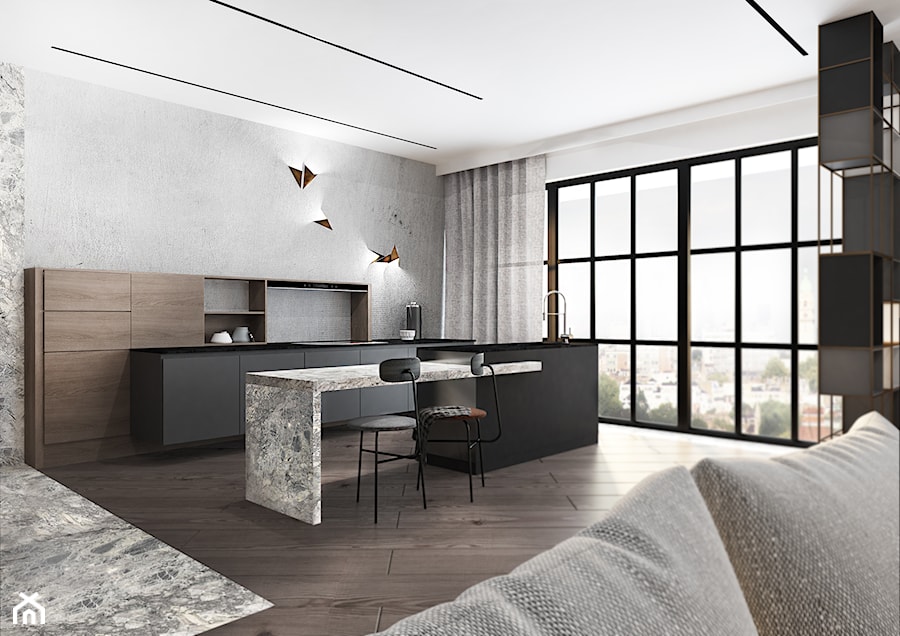 Carmel Apartment - Średnia otwarta z salonem z kamiennym blatem biała szara z zabudowaną lodówką kuchnia dwurzędowa z oknem, styl nowoczesny - zdjęcie od Pracownia Projektowania Wnętrz MAGDA BRZOZOWSKA