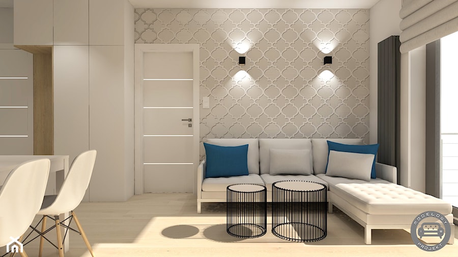 Słoneczny apartament 1 - Mały biały szary salon z jadalnią, styl nowoczesny - zdjęcie od Modelowy Projekt