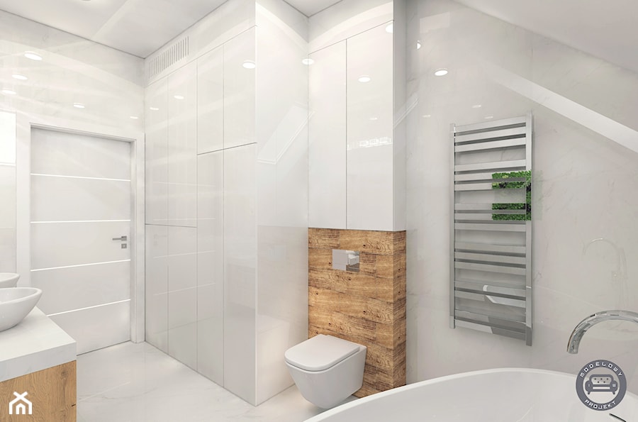 Łazienka w bieli - Średnia na poddaszu z dwoma umywalkami z punktowym oświetleniem łazienka z oknem, styl nowoczesny - zdjęcie od Modelowy Projekt