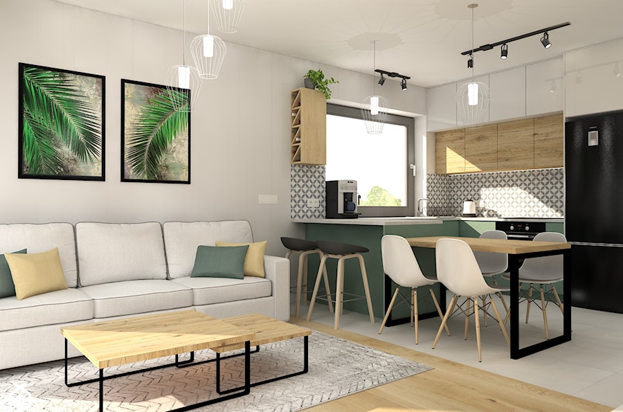 Salon z aneksem kuchennym na zielono - zdjęcie od Modelowy Projekt
