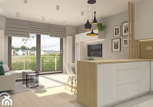 Słoneczny apartament 2 - Mała otwarta z salonem szara kuchnia w kształcie litery l z oknem, styl skandynawski - zdjęcie od Modelowy Projekt