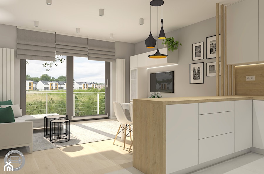 Słoneczny apartament 2 - Mała otwarta z salonem szara kuchnia w kształcie litery l z oknem, styl skandynawski - zdjęcie od Modelowy Projekt