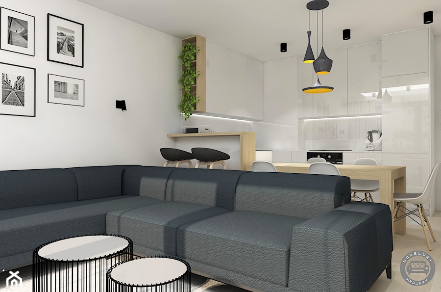 Słoneczny apartament 3 - Średnia otwarta z salonem z kamiennym blatem biała z zabudowaną lodówką z lodówką wolnostojącą kuchnia w kształcie litery u, styl nowoczesny - zdjęcie od Modelowy Projekt