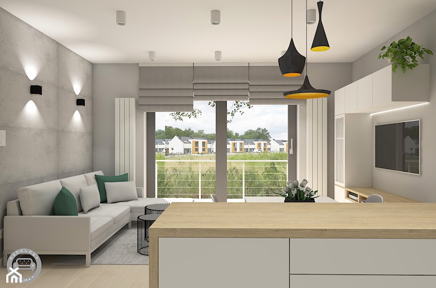 Słoneczny apartament 2 - Średni szary salon z kuchnią z jadalnią, styl skandynawski - zdjęcie od Modelowy Projekt