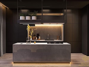 Elegancki minimalizm - Średnia otwarta z kamiennym blatem czarna szara z zabudowaną lodówką z nablatowym zlewozmywakiem kuchnia jednorzędowa z wyspą lub półwyspem z oknem, styl minimalistyczny - zdjęcie od Quality Investment