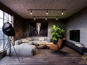 Ciemne wnętrze w stylu industrialnym - Średni duży szary salon, styl minimalistyczny - zdjęcie od Quality Investment