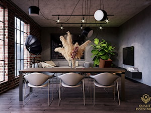 Ciemne wnętrze w stylu industrialnym - Duży czarny salon z jadalnią, styl industrialny - zdjęcie od Quality Investment