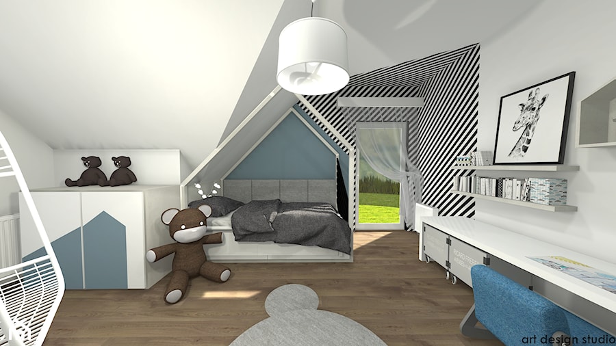 Pokój chłopca - Duży biały czarny niebieski pokój dziecka dla dziecka dla nastolatka dla chłopca dla dziewczynki, styl skandynawski - zdjęcie od Art Design Studio
