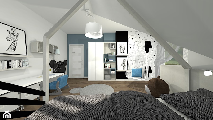 Pokój chłopca - Duży szary niebieski pokój dziecka dla dziecka dla nastolatka dla chłopca dla dziewczynki, styl skandynawski - zdjęcie od Art Design Studio