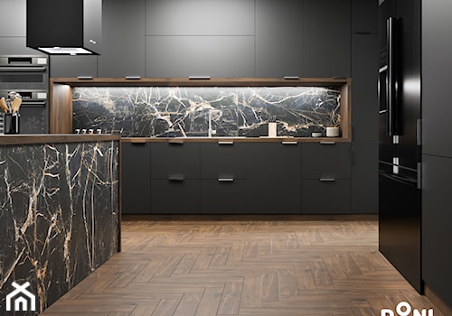 Czarna kuchnia z podłogą w jodełkę - Kuchnia, styl minimalistyczny - zdjęcie od Domni - sklep & portal wnętrzarski