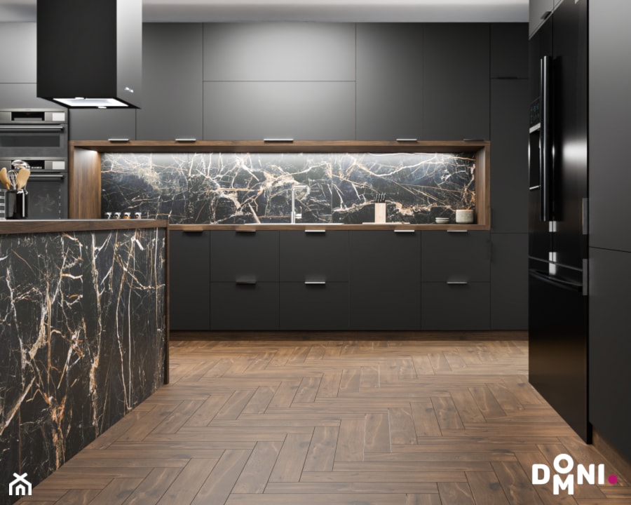 Czarna kuchnia z podłogą w jodełkę - Kuchnia, styl minimalistyczny - zdjęcie od Domni - sklep & portal wnętrzarski - Homebook