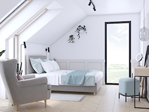 Przytulna sypialnia w odcieniach beżu i błękitu, boazeria angielska - zdjęcie od VISO Pracownia Projektowa