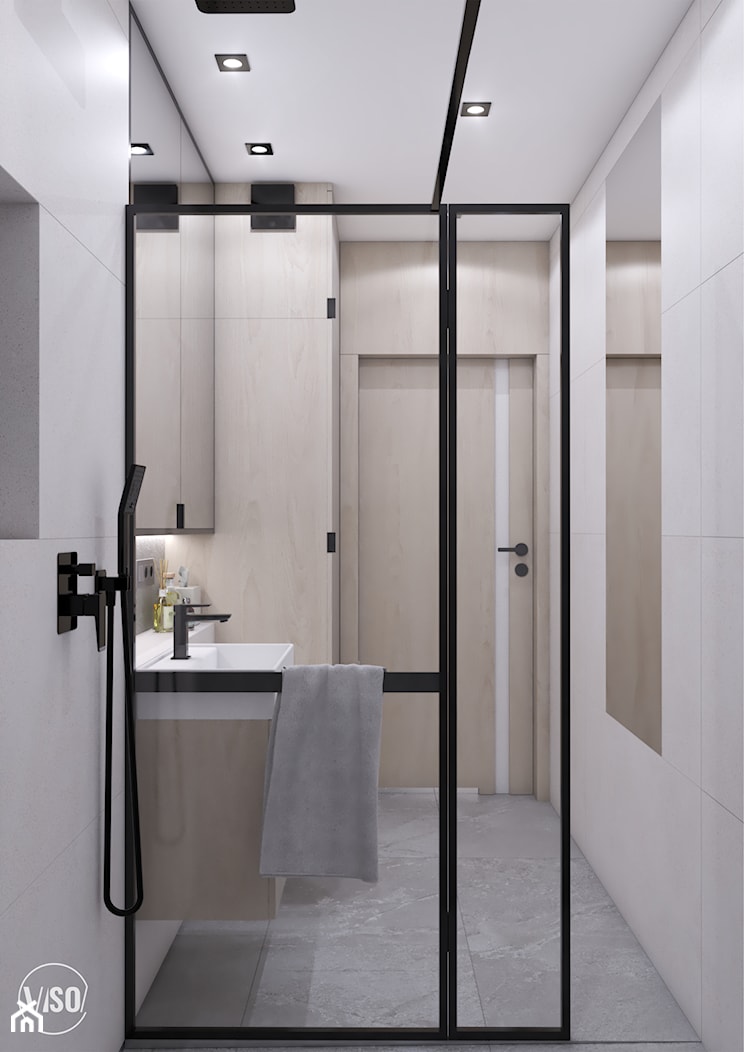 Łazienka z prysznice walk-in i czarnymi dodatkami - zdjęcie od VISO Pracownia Projektowa - Homebook