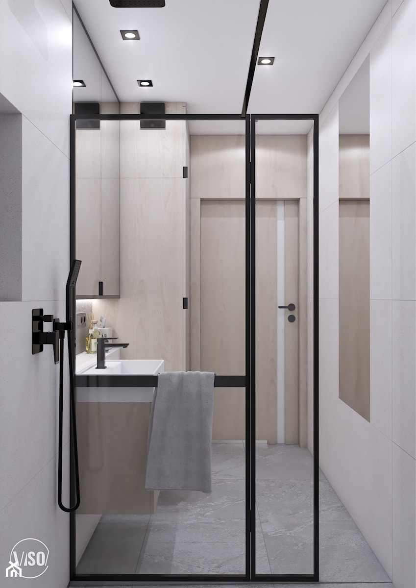 Łazienka z prysznice walk-in i czarnymi dodatkami - zdjęcie od VISO Pracownia Projektowa