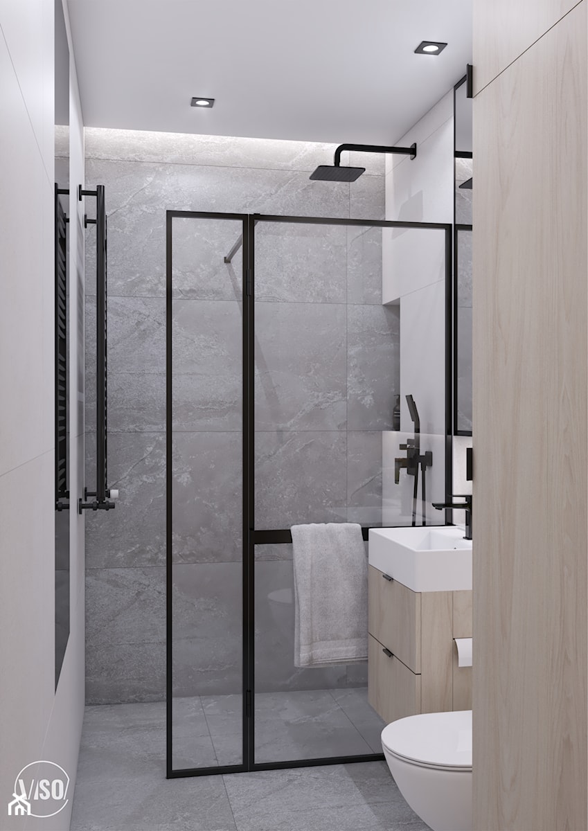 Łazienka z prysznice walk-in i czarnymi dodatkami - zdjęcie od VISO Pracownia Projektowa