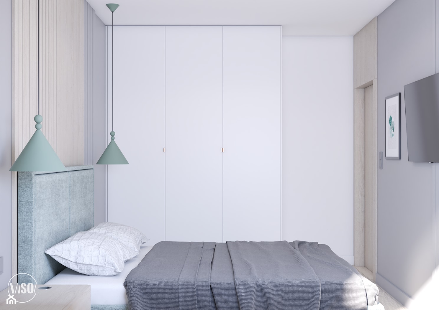 Sypialnia z zielonym tapicerowanym łóżkiem. - zdjęcie od VISO Pracownia Projektowa - Homebook