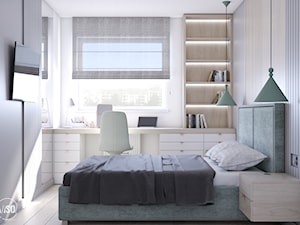 Sypialnia z zielonym tapicerowanym łóżkiem i toaletką - zdjęcie od VISO Pracownia Projektowa