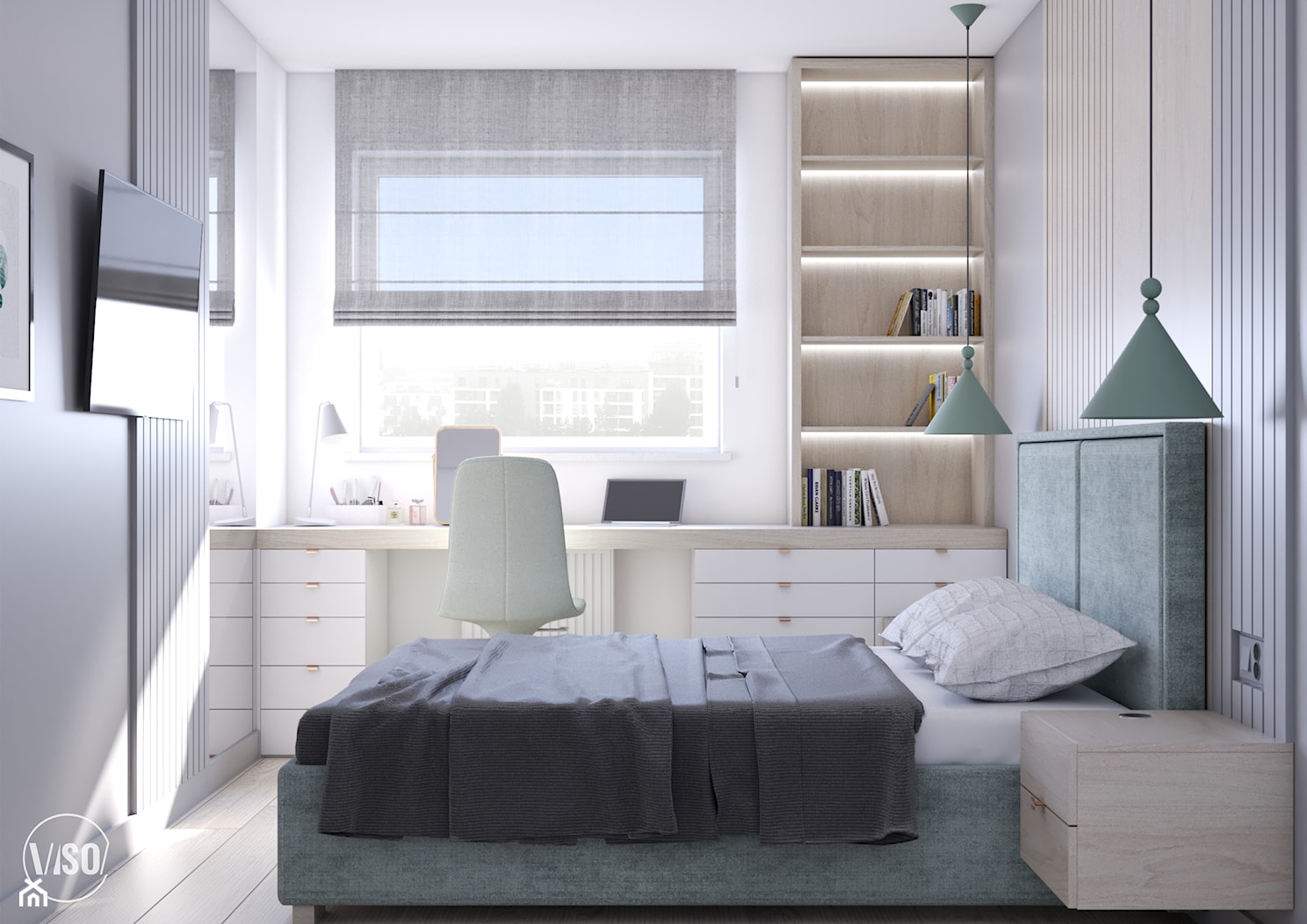 Sypialnia z zielonym tapicerowanym łóżkiem i toaletką - zdjęcie od VISO Pracownia Projektowa - Homebook
