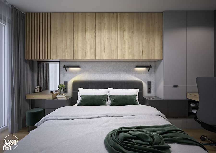Nowoczesna sypialnia z zielonymi akcentami - zdjęcie od VISO Pracownia Projektowa