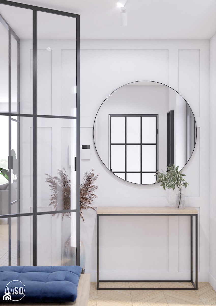 Wiatrołap z okrągłym lustrem i konsolą, drzwi loftowe do dalszej część domu - zdjęcie od VISO Pracownia Projektowa