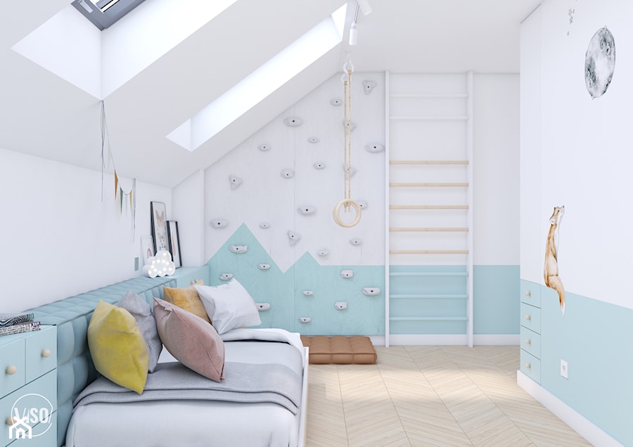 Subtelny pokój dla małej dziewczynki ze ścianką wspinaczkową - zdjęcie od VISO Pracownia Projektowa