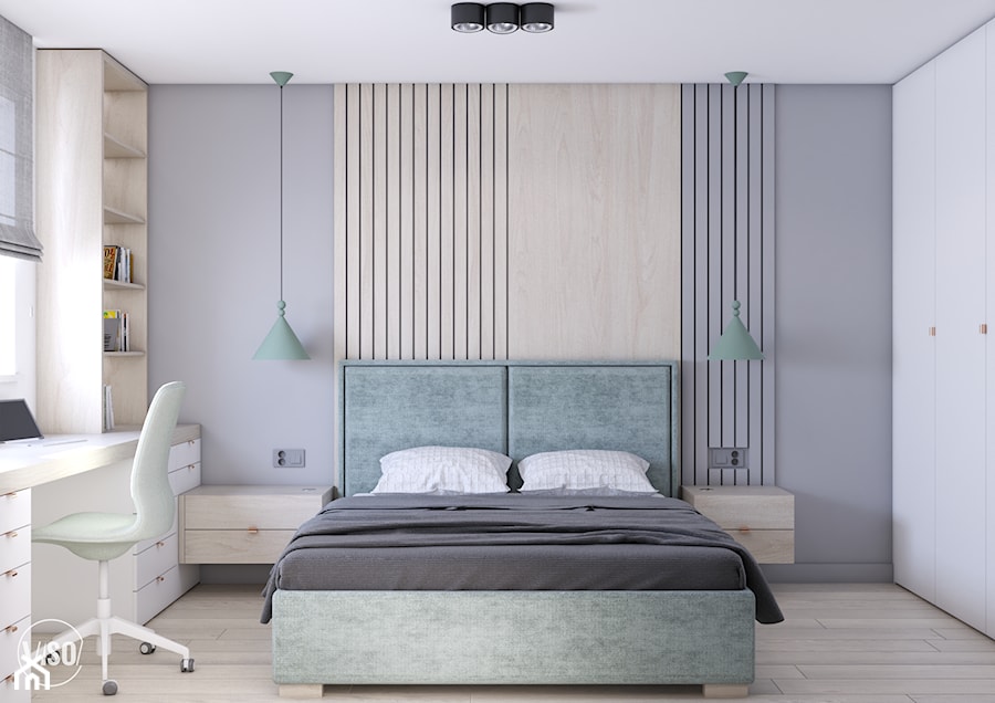 Sypialnia z zielonym tapicerowanym łóżkiem - zdjęcie od VISO Pracownia Projektowa