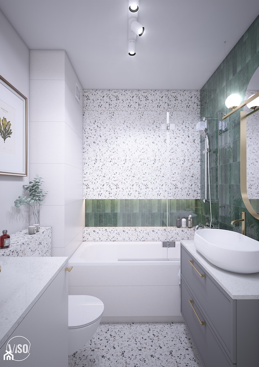 Elegancka łazienka: lastryko i butelkowa zieleń. - zdjęcie od VISO Pracownia Projektowa
