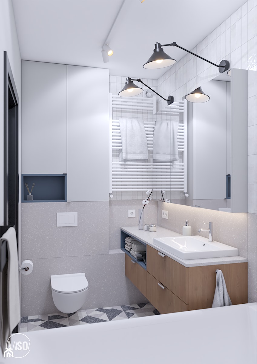 Loftowa łazienka z niebieskimi akcentami - zdjęcie od VISO Pracownia Projektowa
