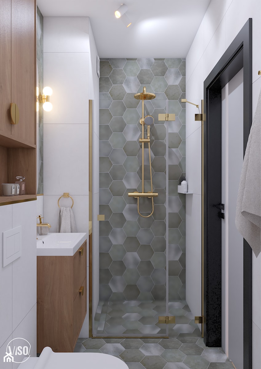 Loftowa łazienka ze złotymi dodatkami - zdjęcie od VISO Pracownia Projektowa
