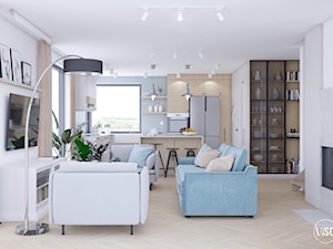 Salon połączony z kuchnią, błękitna sofa - zdjęcie od VISO Pracownia Projektowa