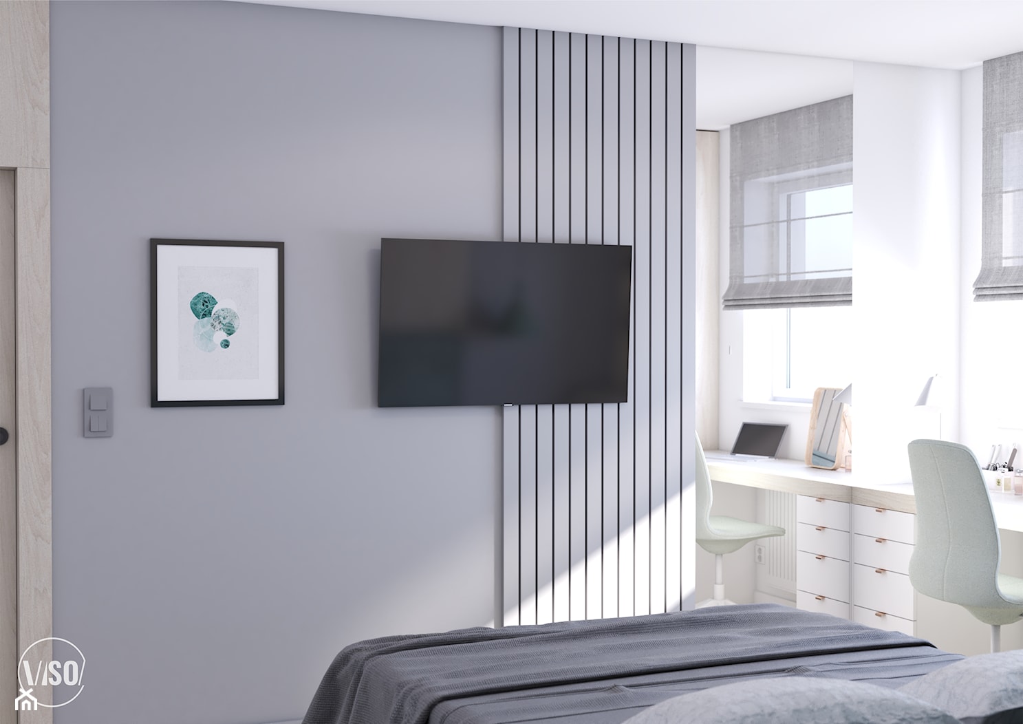 Sypialnia z zielonym tapicerowanym łóżkiem, toaletką i TV - zdjęcie od VISO Pracownia Projektowa - Homebook