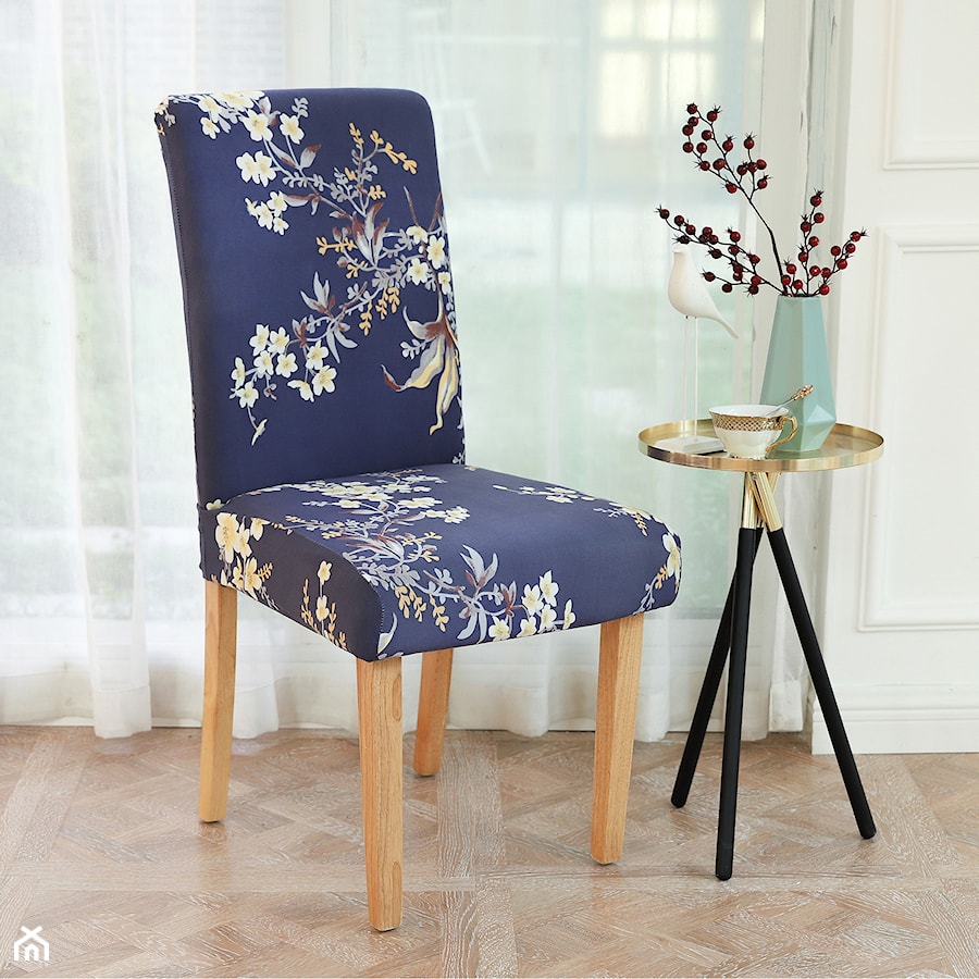 Pokrowiec na krzesło elastyczny kwiaty granatowy - zdjęcie od shoperly