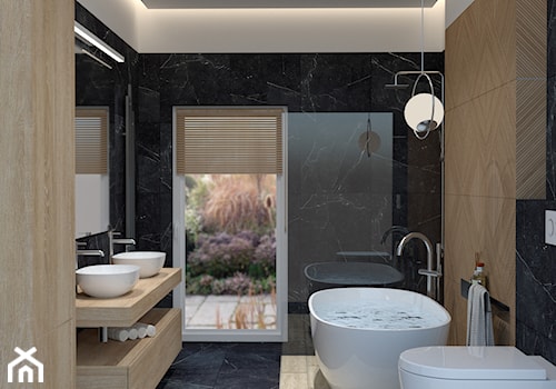 Black Onyx - Średnia z dwoma umywalkami z punktowym oświetleniem łazienka z oknem, styl nowoczesny - zdjęcie od Rząsa Home Designer